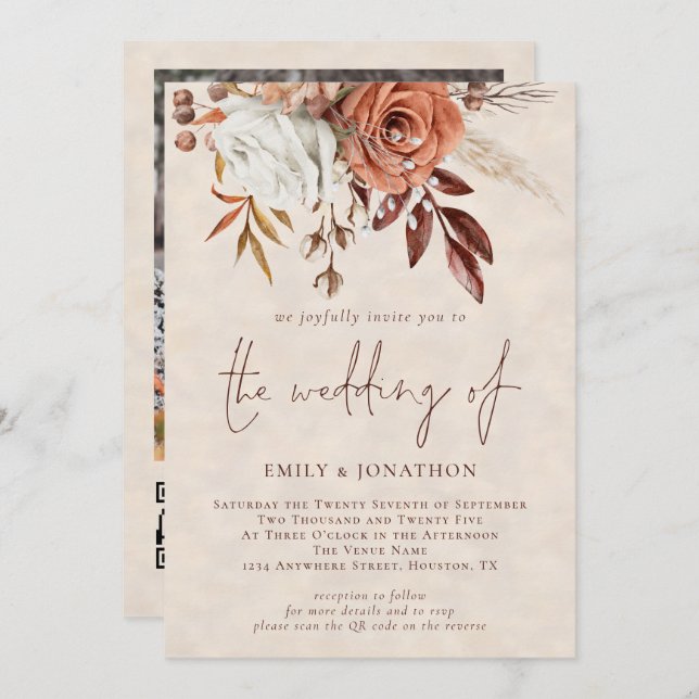 Terracotta Florals Photo Cream Texture Wedding Invitation (Front/Back)