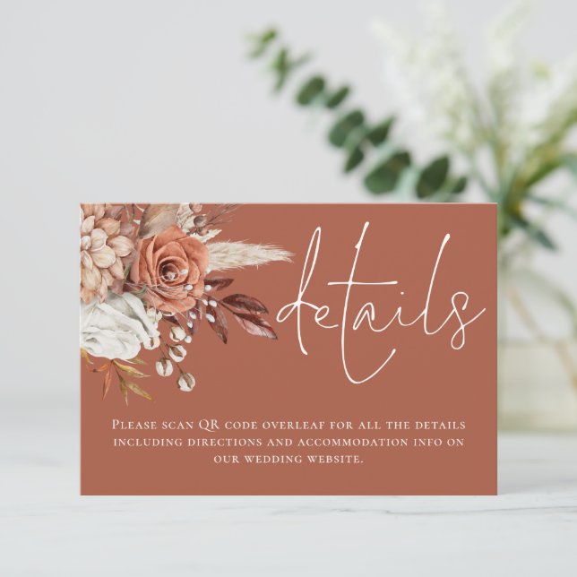 Terracotta Florals QR Code Rust Wedding Details Enclosure Card (Standing Front)