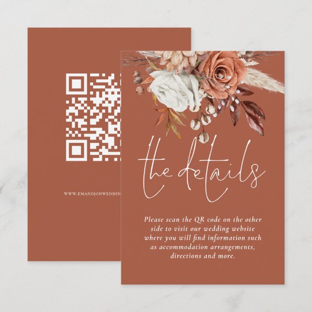 Terracotta Florals QR Code Rust Wedding Details Enclosure Card (Front/Back)
