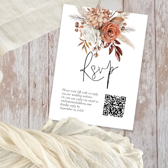 Terracotta Florals QR Code Wedding RSVP Card (Creator Uploaded)