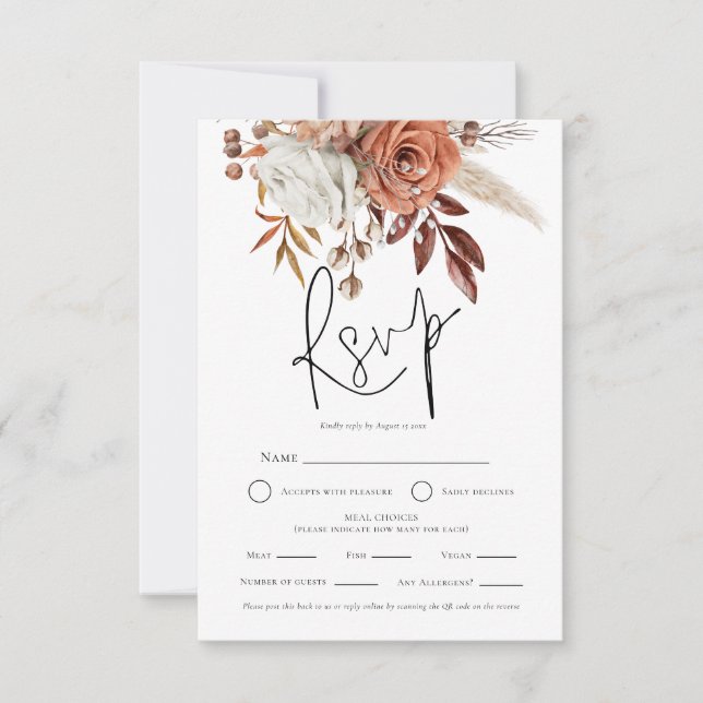 Terracotta Florals QR Meal Choices Wedding RSVP  Card (Front)