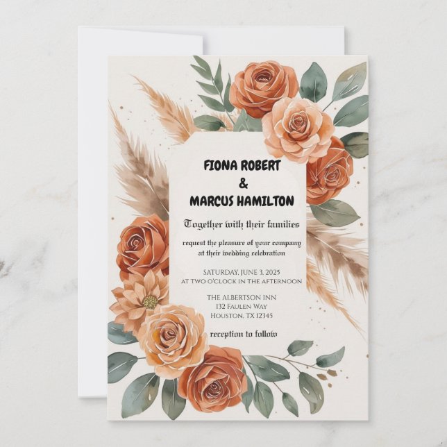 Terracotta Florals Rustic Earthy Boho Wedding Invitation (Front)