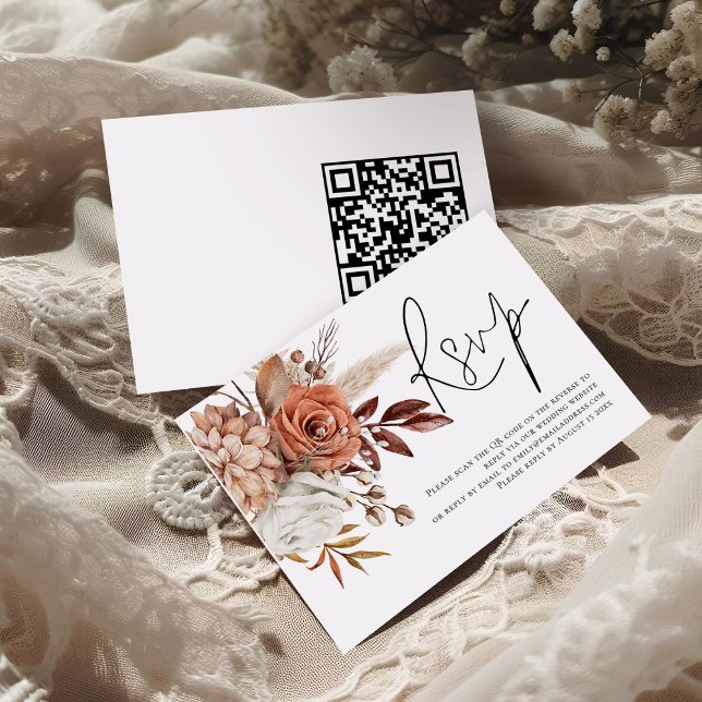 Terracotta Florals Script QR Code Wedding RSVP  (front and back view)