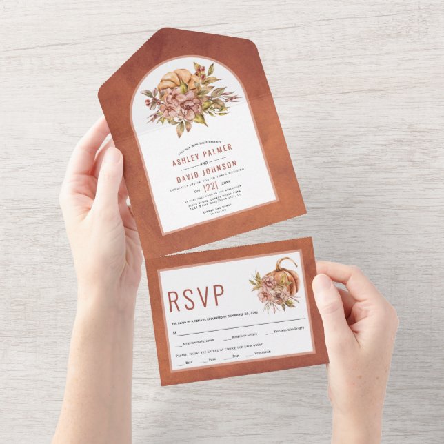 Terracotta flowers and pumpkin fall wedding all in one invitation (Tearaway)