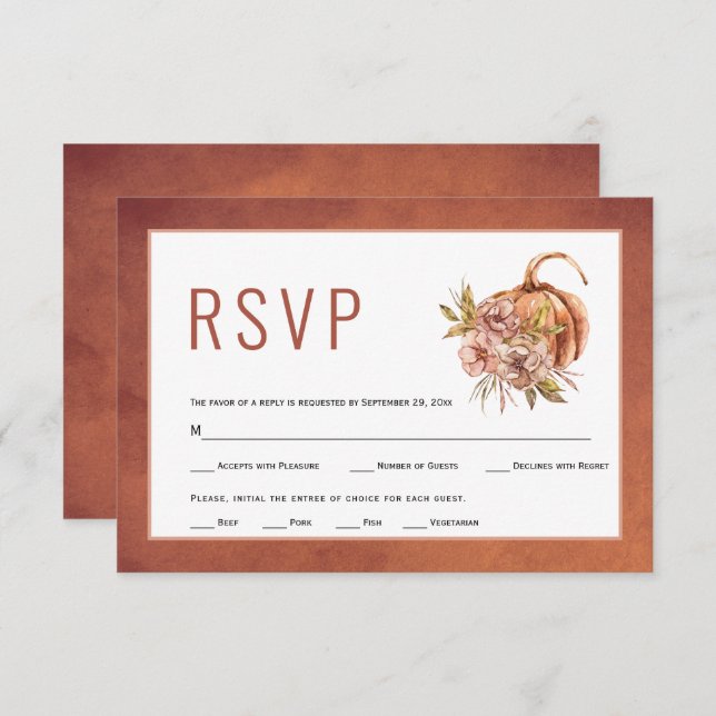 Terracotta flowers and pumpkin fall wedding RSVP card (Front/Back)