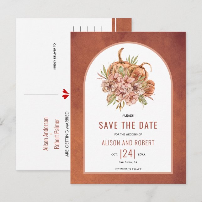 Terracotta flowers and pumpkins Save the Date Postcard (Front/Back)