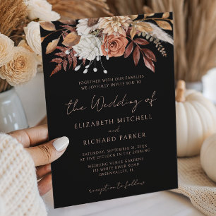 Terracotta Flowers Boho Fall Foliage Black Wedding Invitation