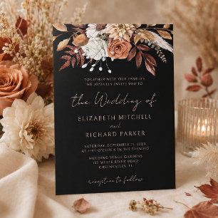 Terracotta Flowers Boho Fall Foliage Black Wedding Invitation