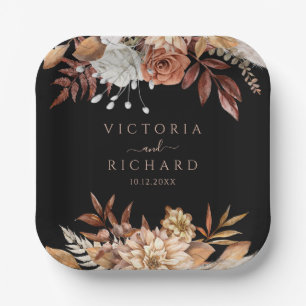 Terracotta Flowers Boho Fall Foliage Black Wedding Paper Plate