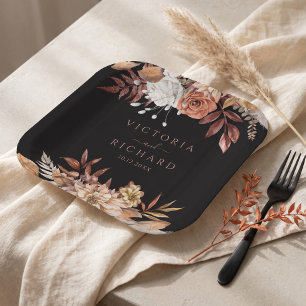 Terracotta Flowers Boho Fall Foliage Black Wedding Paper Plate