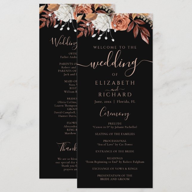 Terracotta Flowers Boho Fall Foliage Black Wedding Program (Front/Back)