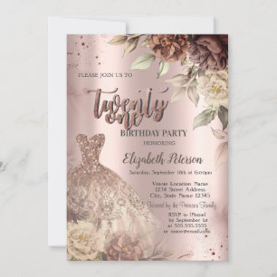 Terracotta Flowers Dress Wine Glass 21st Birthday Invitation