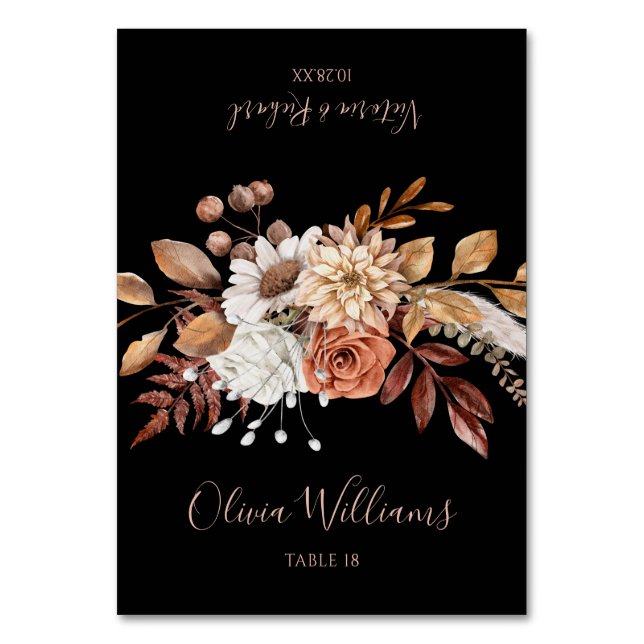 Terracotta Flowers Fall Black Wedding Place Card (Front)