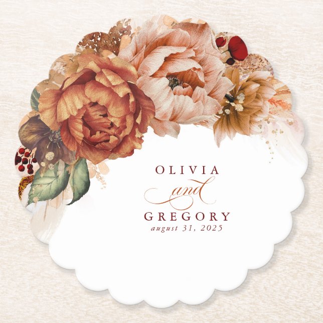 Terracotta Flowers Pampas Grass Elegant Boho Paper Coaster (Front)