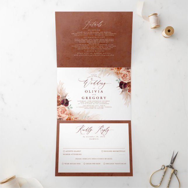 Terracotta Flowers Pampas Grass Wedding Tri-Fold Invitation (Inside)
