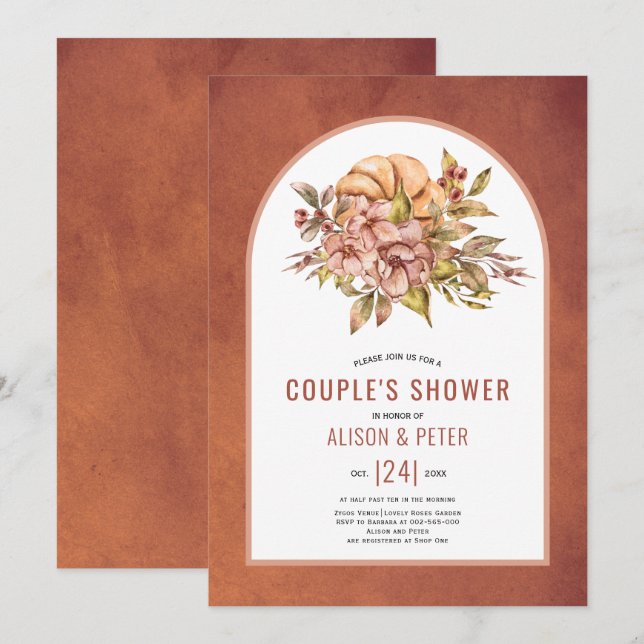 Terracotta flowers, pumpkin fall couples shower  invitation (Front/Back)