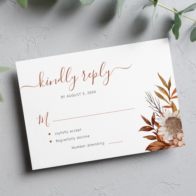 Terracotta foliage boho floral wedding RSVP card (Creator Uploaded)