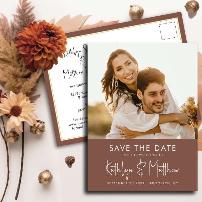 Terracotta Fun Script Modern Photo Simple Wedding  Announcement Postcard (Creator Uploaded)