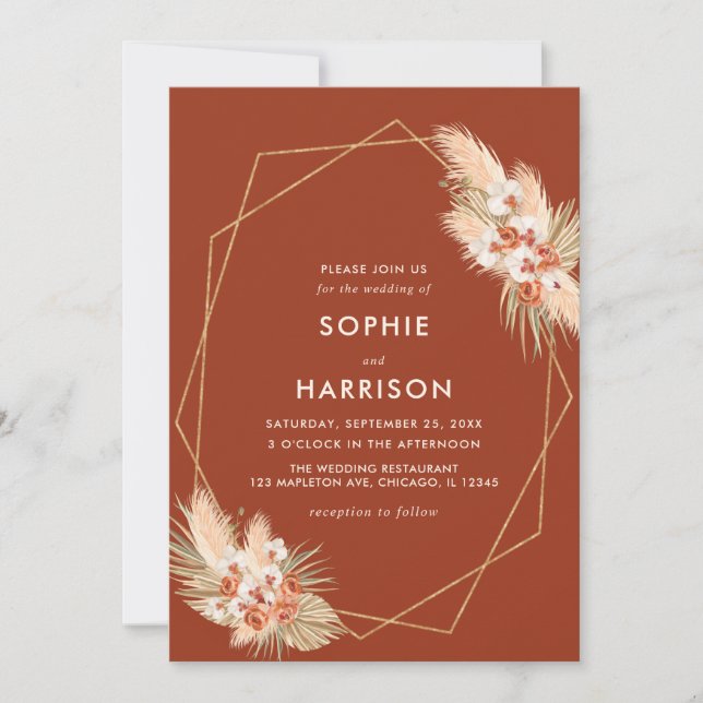 Terracotta Geometric Boho Pampas Grass Wedding Invitation (Front)