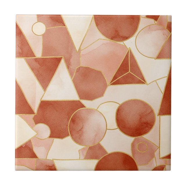 Terracotta Geometric - Gold Line Art Mosaic Ceramic Tile (Front)