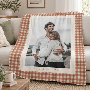 Terracotta Gingham Couple Photo Personalised Fleece Blanket