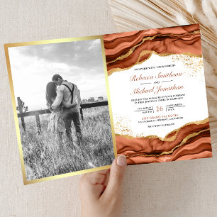 Terracotta Gold Abstract Ink QR Code Wedding Invitation