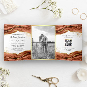 Terracotta Gold Abstract Ink QR Code Wedding Tri-Fold Invitation