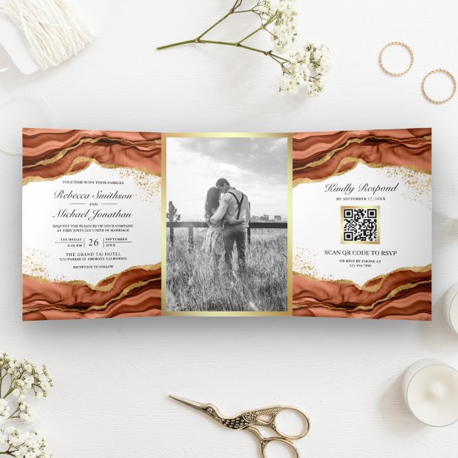 Terracotta Gold Abstract Ink QR Code Wedding Tri-Fold Invitation (Creator Uploaded)