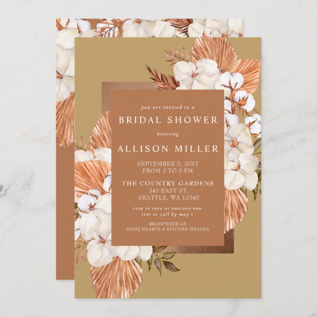 Terracotta Gold Boho Pampas Bridal Shower Invitation (Front/Back)