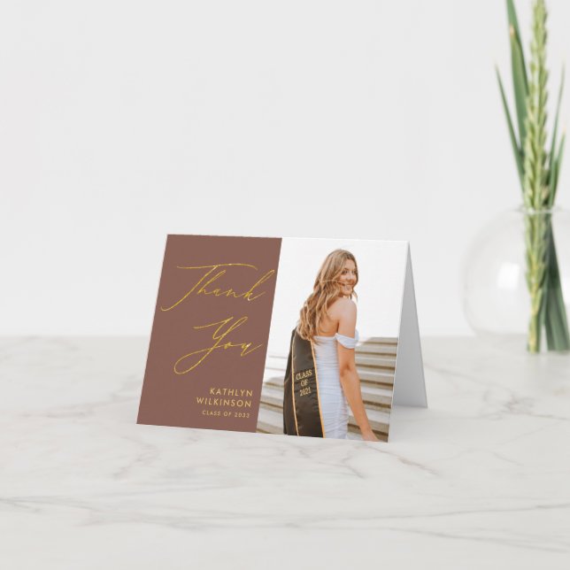 Terracotta Gold Elegant Script Photo Graduation Thank You Card (Front)