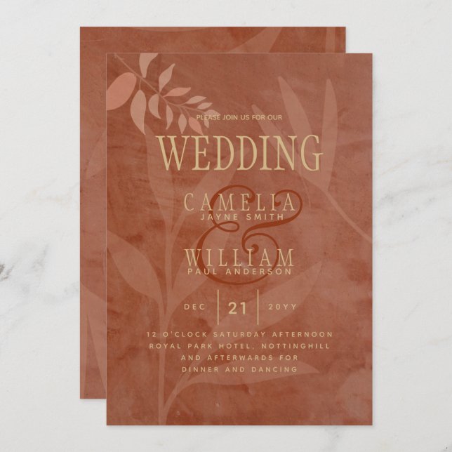 Terracotta Gold Fall Wedding Leaves Modern Invitation (Front/Back)