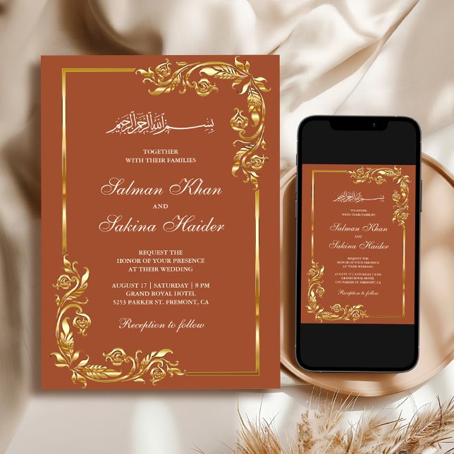 Terracotta Gold Floral Border Islamic Wedding Invitation (Creator Uploaded)