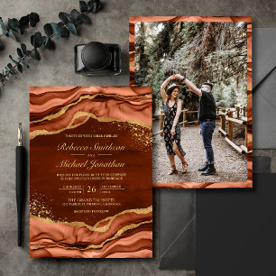 Terracotta Gold Fluid Ink Photo Wedding Invitation