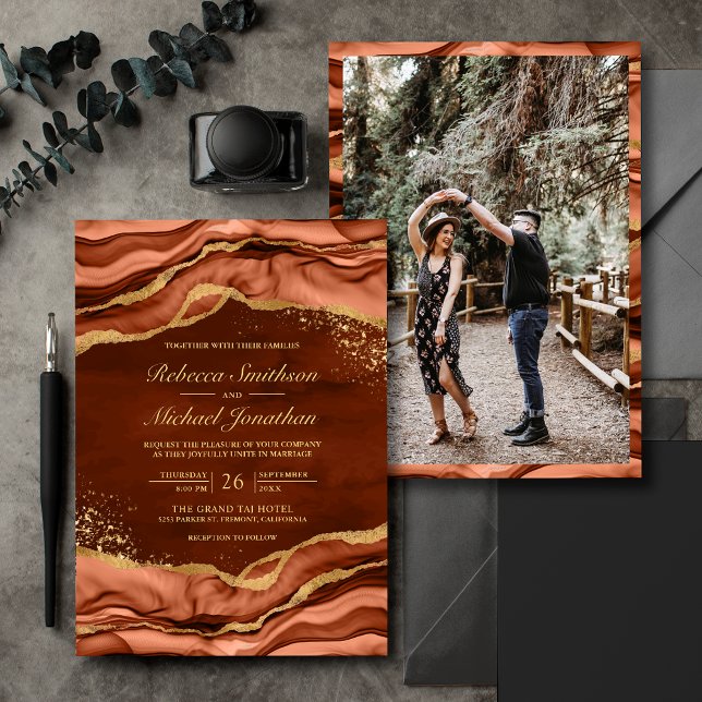Terracotta Gold Fluid Ink Photo Wedding Invitation (Creator Uploaded)