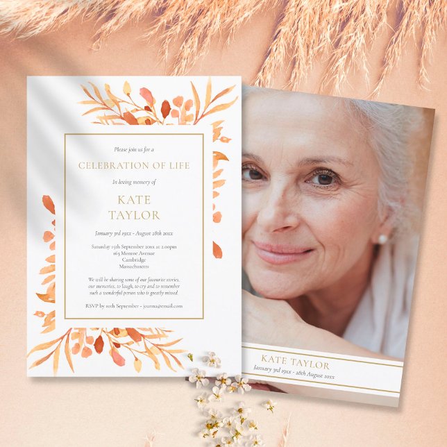 Terracotta Gold Foliage Celebration of Life Photo Invitation (Creator Uploaded)