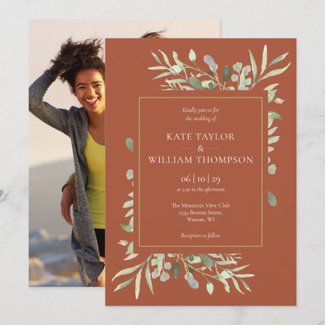 Terracotta Gold Foliage Photo Wedding Invitation (Front/Back)
