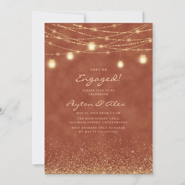 Terracotta Gold Glitter String Lights Engagement  Invitation (Front)