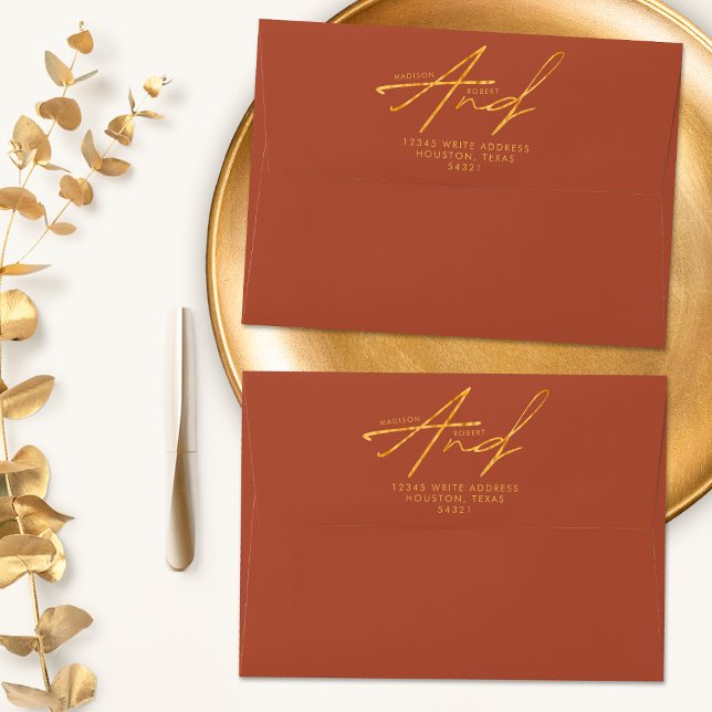 Terracotta Gold Modern Classic Typography Wedding Envelope (Creator Uploaded)