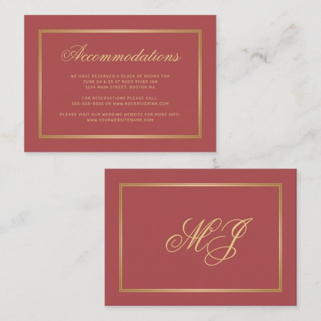 Terracotta Gold Monogram Wedding Accommodations Enclosure Card (Front/Back)
