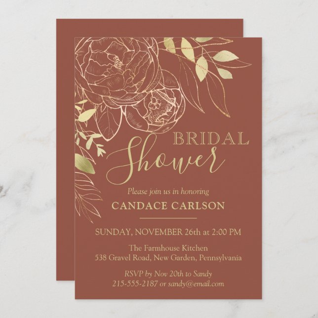 Terracotta & Gold Peony Floral Bridal Shower Invitation (Front/Back)
