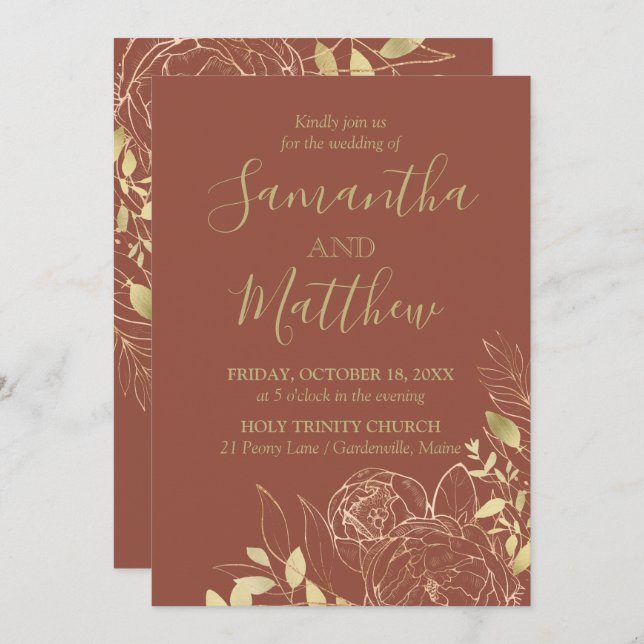 Terracotta & Gold Peony Modern Floral Wedding Invitation (Front/Back)