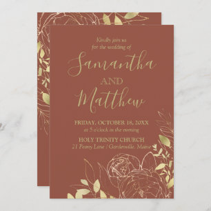 Terracotta & Gold Peony Modern Floral Wedding Invitation