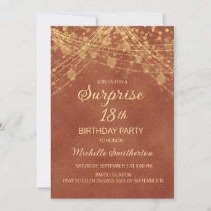 Terracotta Gold String Lights Surprise 18th Invitation