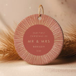 Terracotta Gold Sunburst Art Deco First Christmas Ceramic Ornament<br><div class="desc">A minimalist and slightly retro art deco terracotta and gold holiday collection,  with striking sunburst frames. Easily customisable with your photo and milestone.</div>
