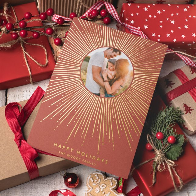 Terracotta & Gold sunburst frame art deco photo Foil Holiday Card (Creator Uploaded)