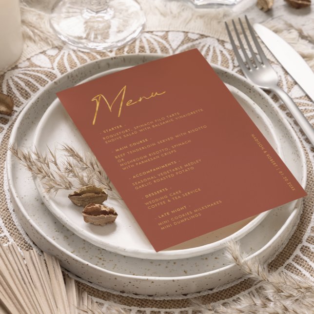 Terracotta Gold Typography Wedding Table Menu (Creator Uploaded)