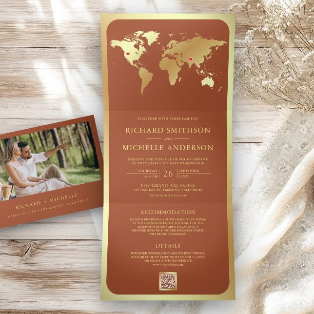 Terracotta Gold World Map QR Code Photo Wedding Tri-Fold Invitation (Creator Uploaded)