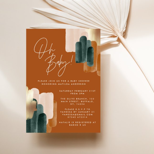 Terracotta green abstract watercolor baby shower invitation (Creator Uploaded)