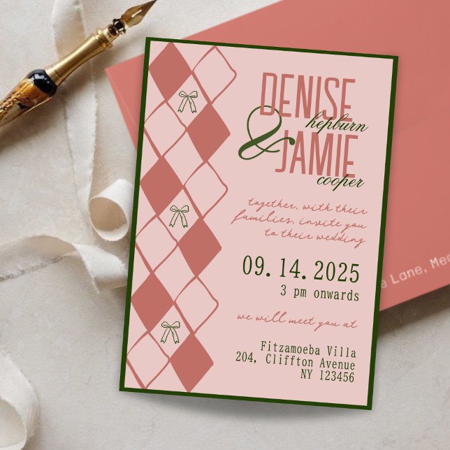 Terracotta & Green Argyle Bow Preppy Fall Wedding Invitation (Creator Uploaded)