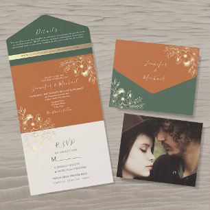 Terracotta Green Photo Wedding All In One Invitation